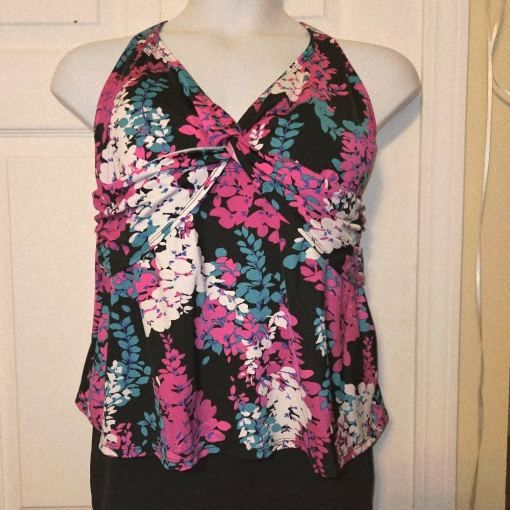 #464 Apt 9- Floral Halter Swim Top- Pink/Black/Green-Size:20W